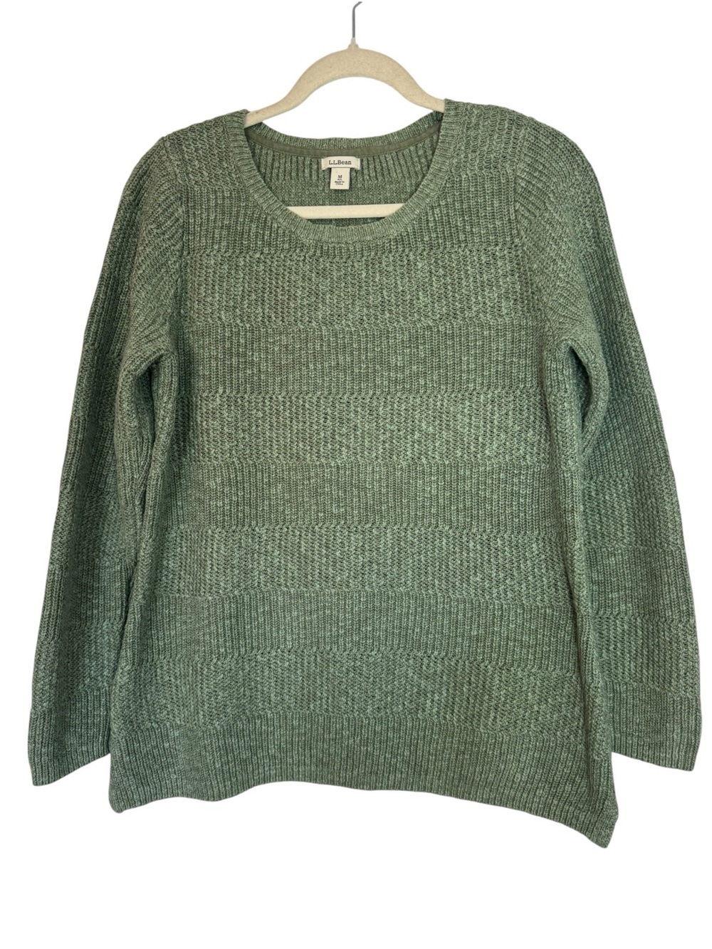 L.L. Bean Moss Green 100% Cotton Medium Crewneck Textured Knit Sweater